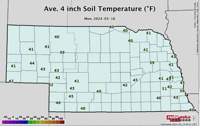 Average 4 inch soil temperature March 18 2024 from Nebraska Mesonet