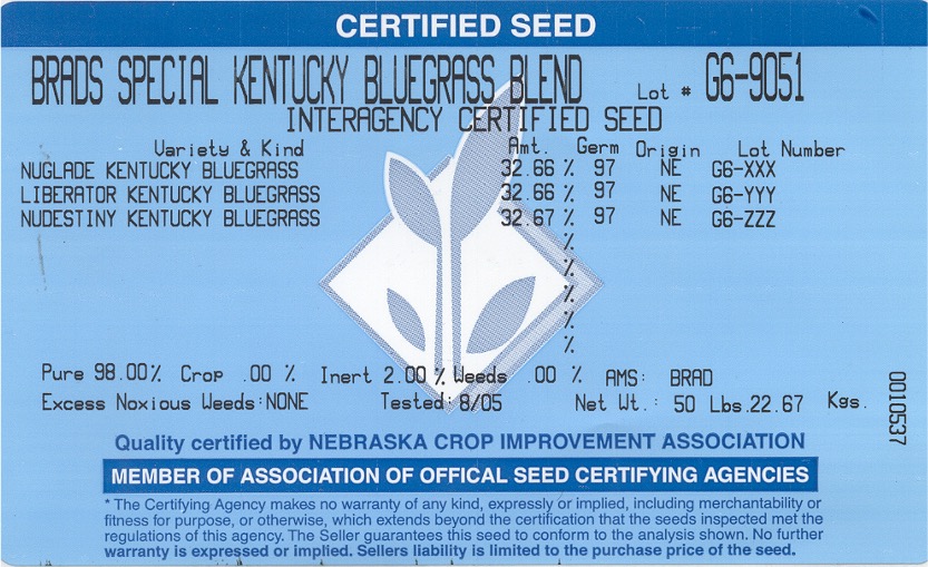 Certified Seed Label for Turfgrass Seed Mix in Nebraska