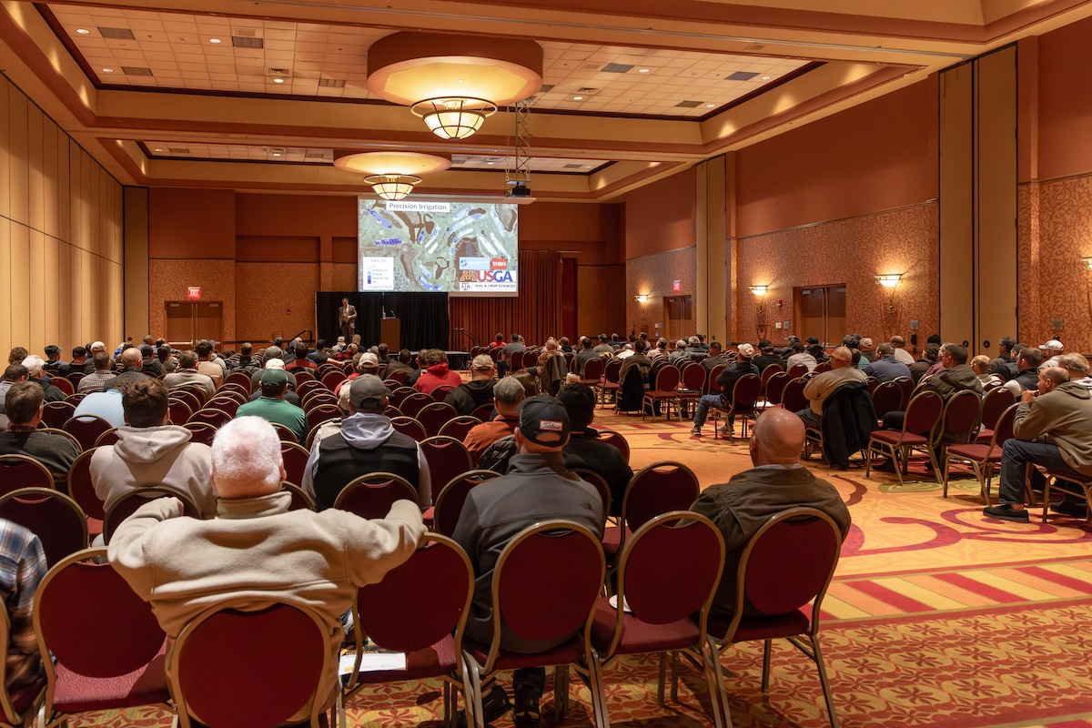 Dr. Chase Straw, Assistant Professor of Turfgrass Management and Physiology at Texas A&M, speaking at the Nebraska Turfgrass Conference on January 10.