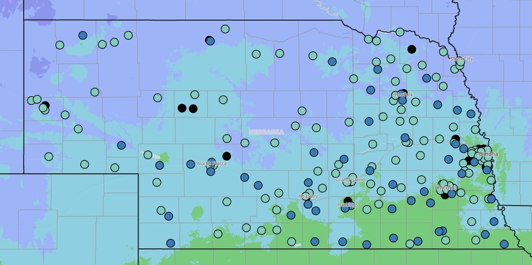 Map of golf courses in Nebraska and Plant Hardiness Zone Map layers.