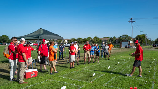 Matt Sousek, Turfgrass Research Manager, speaking to attendees at the 2025 Nebraska Turfgrass Field Day.