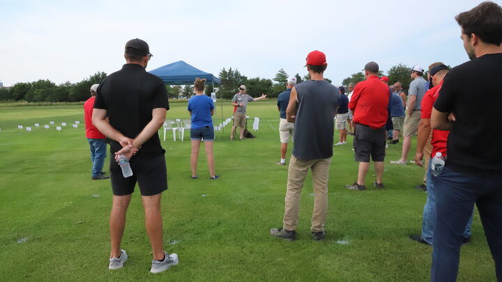 Kyle Broderick speaking to attendees at 2024 Nebraska Turfgrass Field Day. 