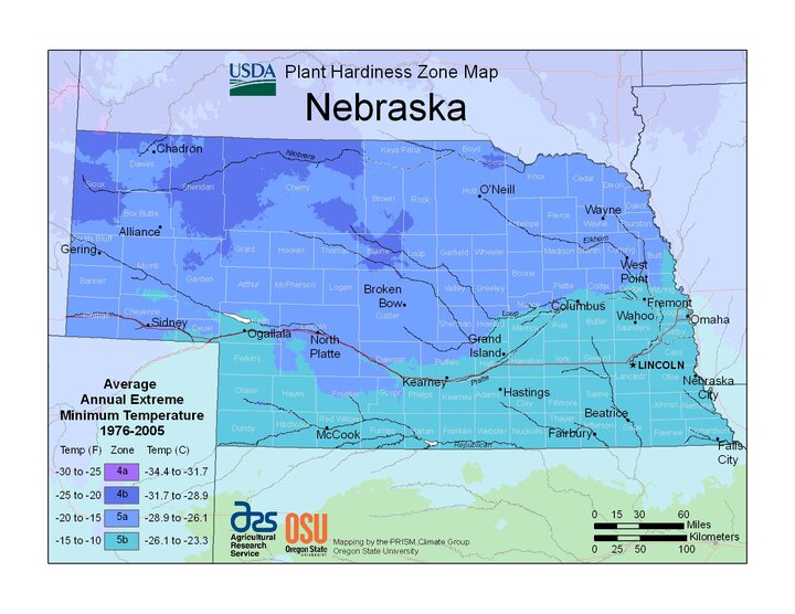 USDA Nebraska plant hardiness zone map showing minimum temperature ranges by color for 1976–2005.