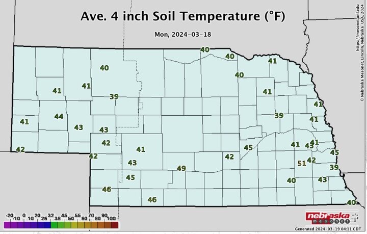 Average 4 inch soil temperature of Nebraska Mesonet stations 